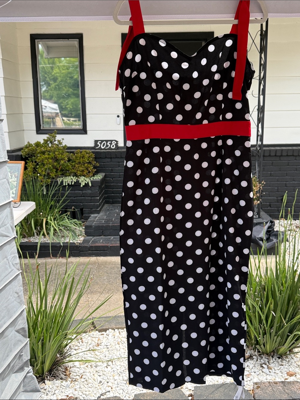 Black and White Polka Dot Dress with Red Accents